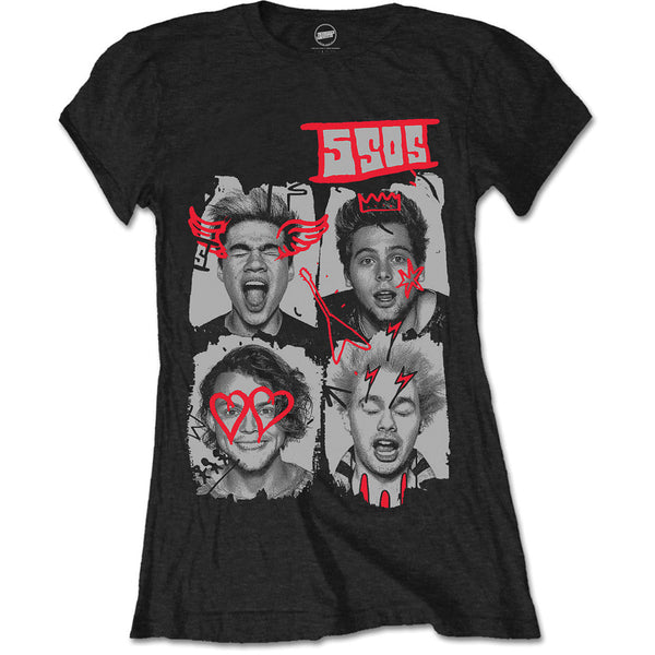 5 Seconds of Summer Ladies Tee: Doodle Faces 