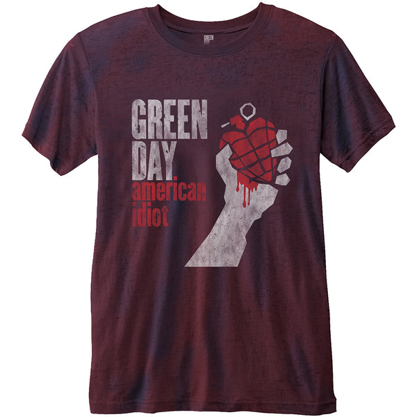 Green Day Unisex Fashion Tee: American Idiot with Burn Out Finishing 