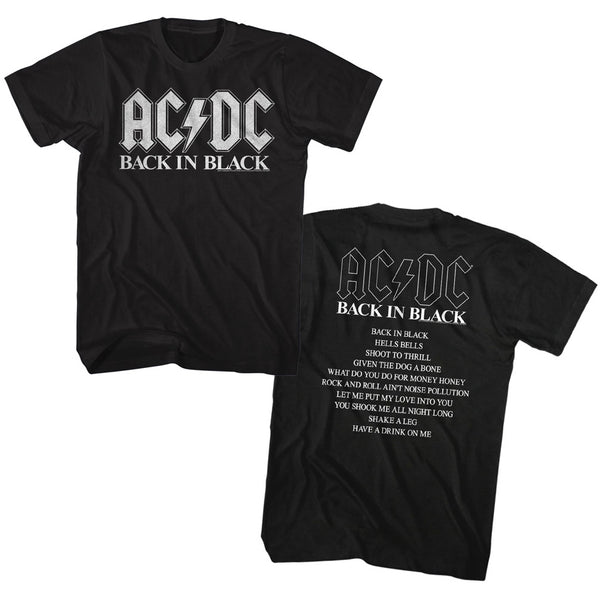 ACDC Back In Black Album Adult Tee.  Front and back print.