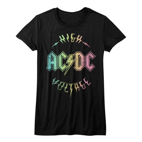 ACDC High Voltage multi-color logo juniors short sleeve t-shirt.