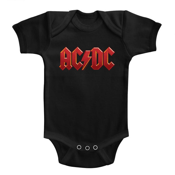ACDC classic red logo infant short sleeve bodysuit.