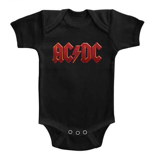 ACDC distressed classic red logo infant short sleeve bodysuit.