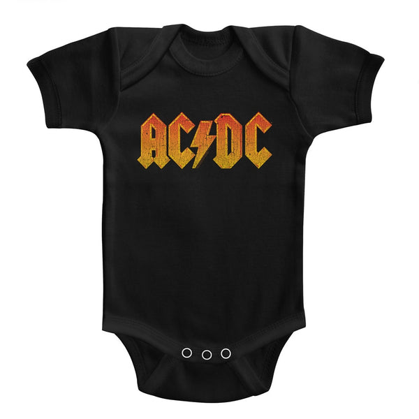 ACDC distressed orange logo infant short sleeve bodysuit.