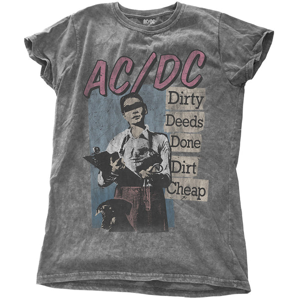 AC/DC Ladies Fashion Tee: Dirty Deeds Done Dirt Cheap with Snow Wash Finishing (XX-Large)