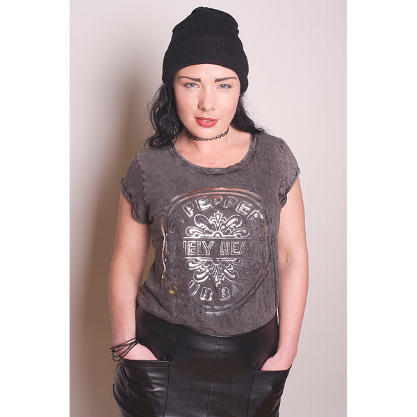 The Beatles Ladies Fashion Tee: Sgt Pepper Drum with Acid Wash Finish 