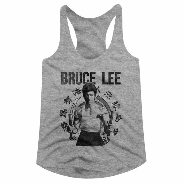 Bruce Lee tank top featuring an image of Bruce Lee with dual nunchucks is available at Rocker Tee.