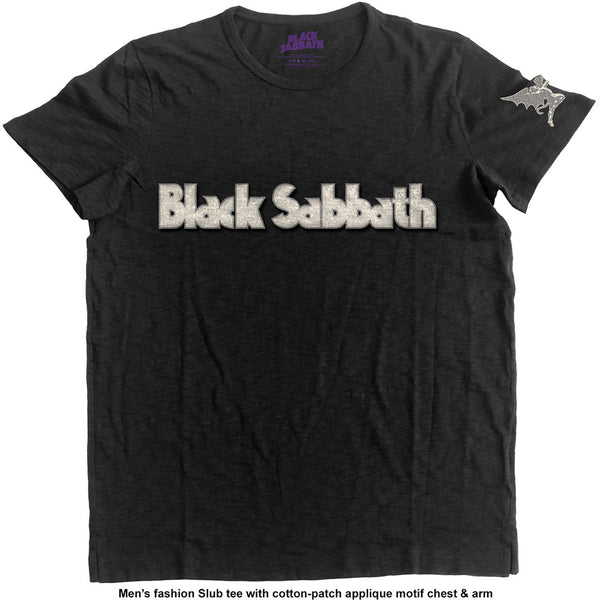 Black Sabbath Unisex Fashion Tee: Logo & Daemon (Applique Motifs) 