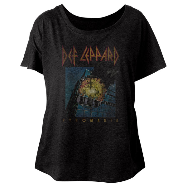 Def Leppard Faded Pyromania ladies short sleeve dolman t-shirt.