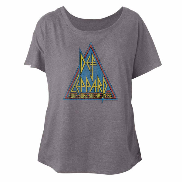 Def Leppard Pour Some Sugar On Me Triangle ladies dolman short sleeve t-shirt.