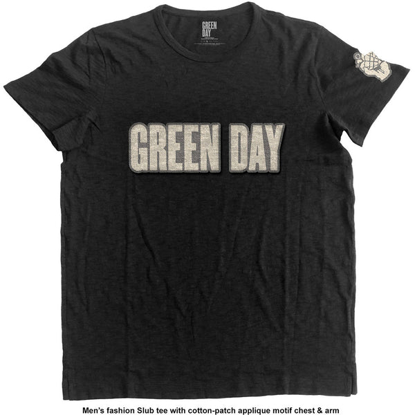 Green Day Unisex Fashion Tee: Logo & Grenade (Applique Motifs) 