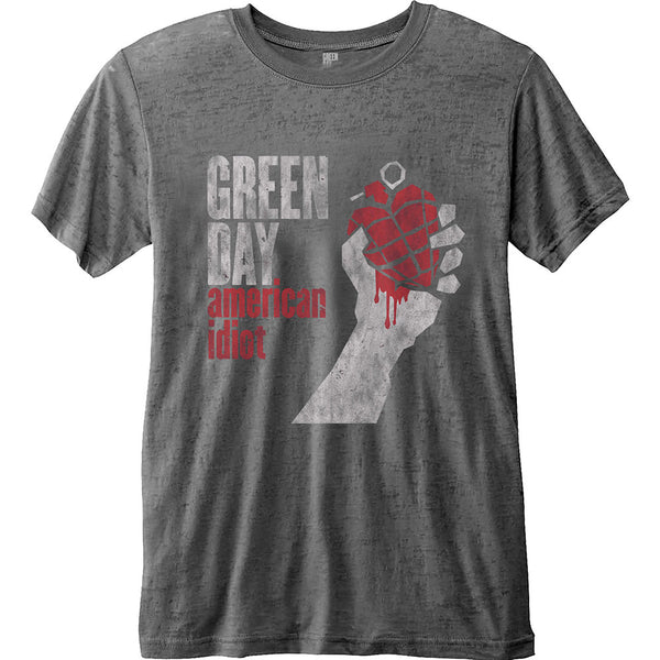 Green Day Unisex Fashion Tee: American Idiot Vintage with Burn Out Finishing 