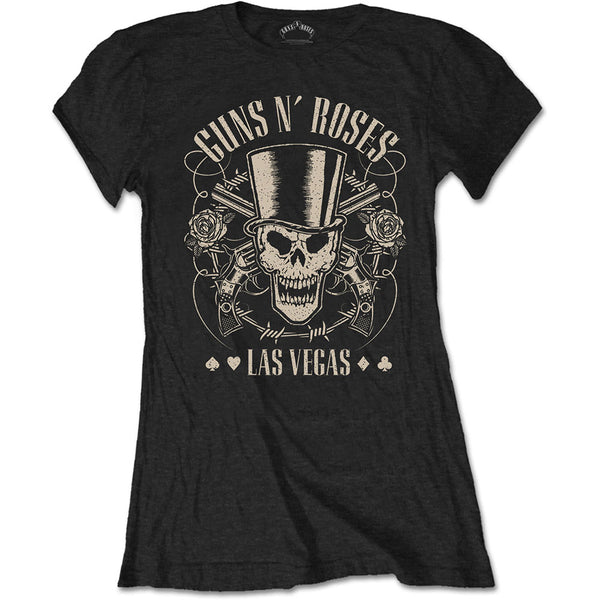 Guns N' Roses Ladies Tee: Top Hat, Skull & Pistols Las Vegas 