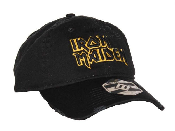 Iron Maiden Distressed Hat with yellow band logo is available at Rocker Tee