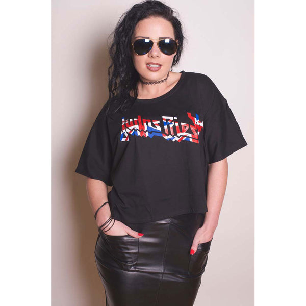 Judas Priest Ladies Fashion Tee: Union with Boxy Styling and Glitter Print Application 