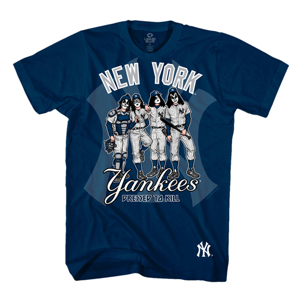 MLB Kiss New York Yankees Dressed To Kill Navy T-Shirt Is Available At Rocker Tee