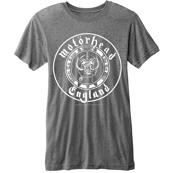 Motorhead Unisex Fashion Tee: England with Burn Out Finishing 