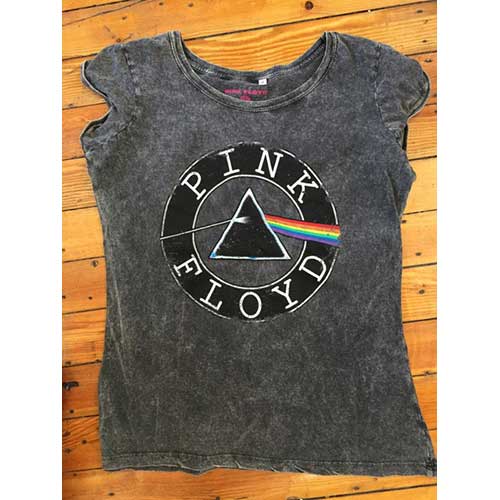 Pink Floyd Ladies Fashion Tee: Vintage Circle Logo with Acid Wash Finish (X-Large)