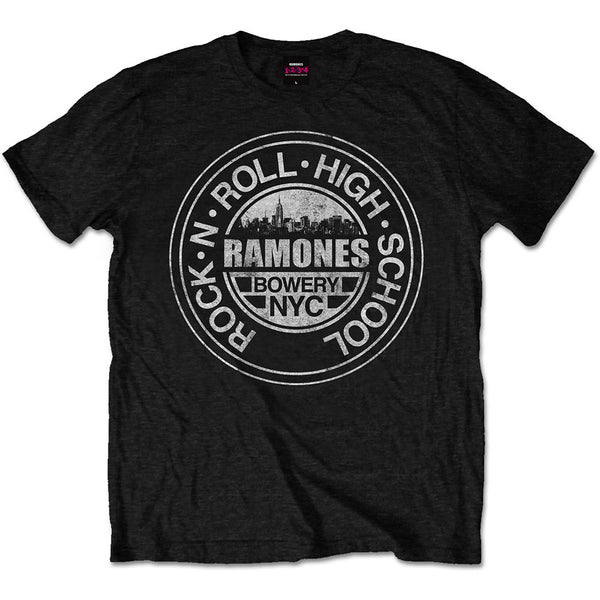 Ramones Unisex Tee: Rock 'n Roll High School, Bowery, NYC 