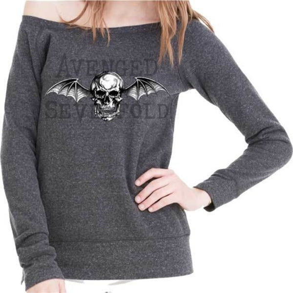 Avenged Sevenfold Girls Wide Neck Deathbat Sweatshirt is available at Rocker Tee