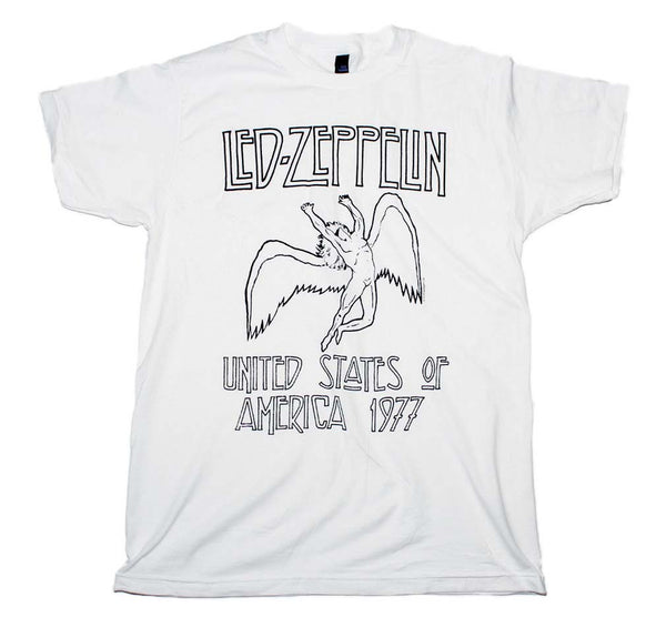 Led Zeppelin USA 1977 tour white t-shirt is available at Rocker Tee.