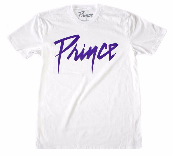 Officially licensed Prince Purple Logo white t-shirt is available at Rocker Tee Shirts