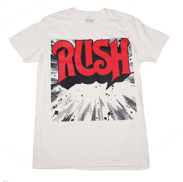 Rush t-shirt featuring the classic band logo in red printed on the front is available at Rocker Tee.