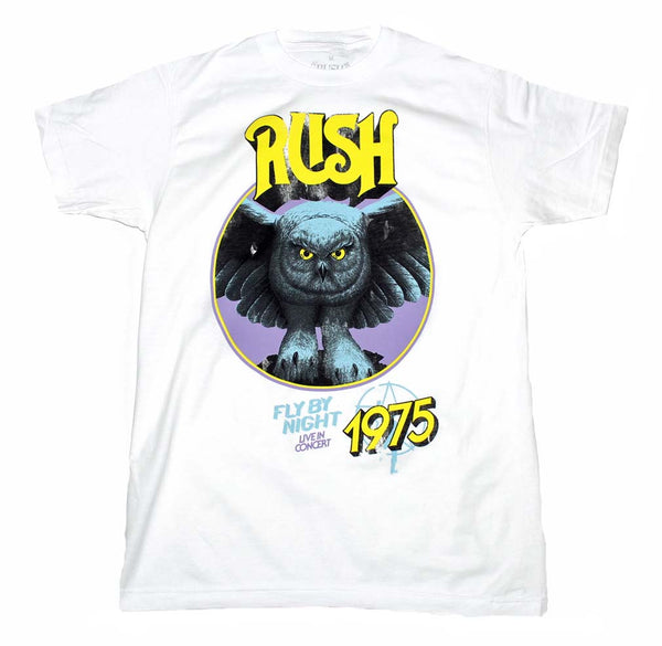 Rush t-shirt featuring the Fly By Night live in concert design printed on the front and available at Rocker Tee.
